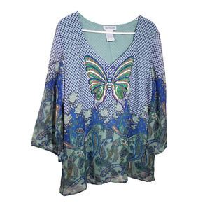 The Paragon Sequin Embroidered Butterfly Top Women’s 2X V-Neck Pullover Lined